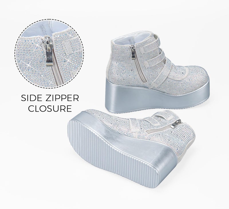 LUCKY STEP Women Platform Chunky Ankle Boots - Round Toe Zipper Wedges High Heels Rave Buckle Thick Sole Goth Booties (Silver Rhinestone,7 B(M) US) - Image 4