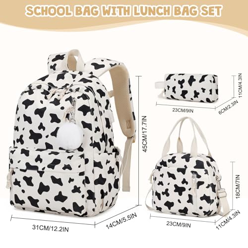 ACESAK Backpack for Girls Corduroy Girls Backpack with Lunch Bag Pencil Pouch for Teen Kids Laptop Bag for Women Middle High School Bookbag Travel Daypack Milk Cow - Image 3