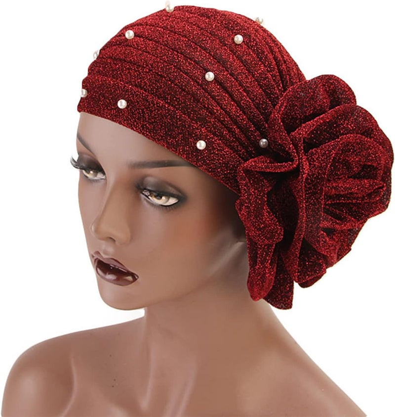 Women's Imitation Pearl Ruffle Turban Hat Glitter Headwrap Stretch Beanie Wrap Hat for 1920s Gatsby Party,Wine Red