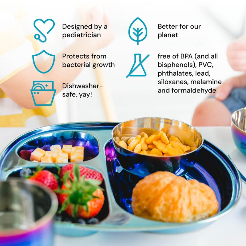 Ahimsa Stainless Steel Kids Plate, Pediatrician Designed Divided Toddler & Baby Plates, Non Toxic, Unbreakable & Dishwasher Safe, Iridescent Blue - Image 4