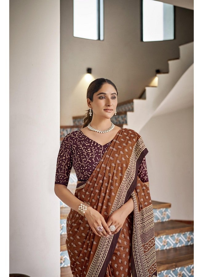 RADHA LAKSHMI Handicrafts Women's Ikat Hand Block Print Pure Soft Cotton Mulmul Saree,with Blouse Piece (brown) - Image 3