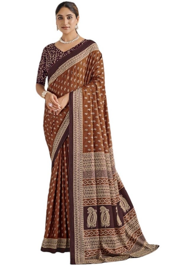 RADHA LAKSHMI Handicrafts Women's Ikat Hand Block Print Pure Soft Cotton Mulmul Saree,with Blouse Piece (brown) - Image 1