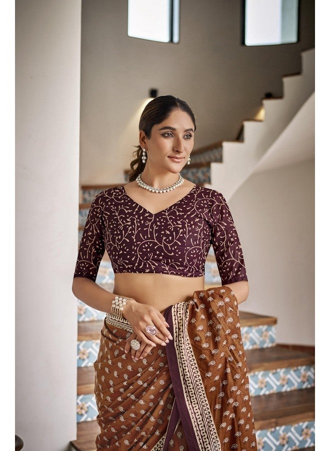 RADHA LAKSHMI Handicrafts Women's Ikat Hand Block Print Pure Soft Cotton Mulmul Saree,with Blouse Piece (brown) - Image 5