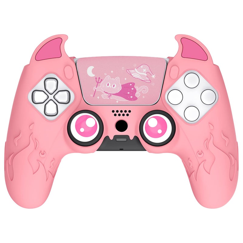 PlayVital Halloween Cute Demon Controller Silicone Case for ps5, Kawaii Controller Cover Gamepad Skin Protector for ps5 with Touch Pad Sticker & Thumb Grip Caps - Pink - Image 1