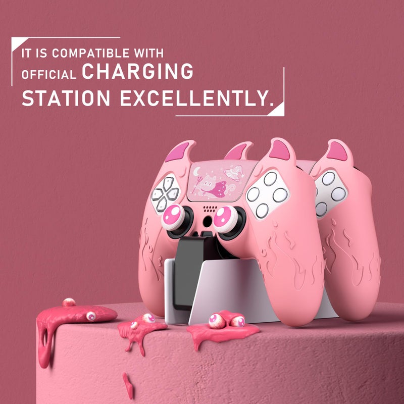 PlayVital Halloween Cute Demon Controller Silicone Case for ps5, Kawaii Controller Cover Gamepad Skin Protector for ps5 with Touch Pad Sticker & Thumb Grip Caps - Pink - Image 3