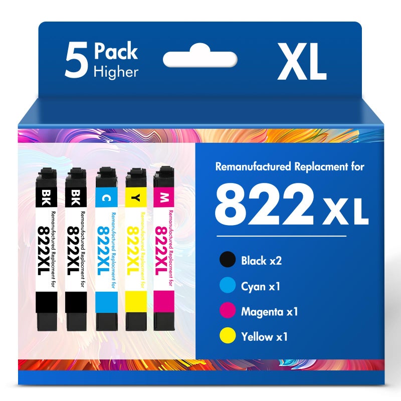 Cool Toner 822XL 822 WF-3820 Printer Ink Cartridges Remanufactured Replacement for Epson 822XL Ink Cartridges Combo Pack for Epson 822 XL for Workforce Pro WF-4830 WF-4833 WF-4820 WF-4834 WF-3823 (5 Pack) - Image 1