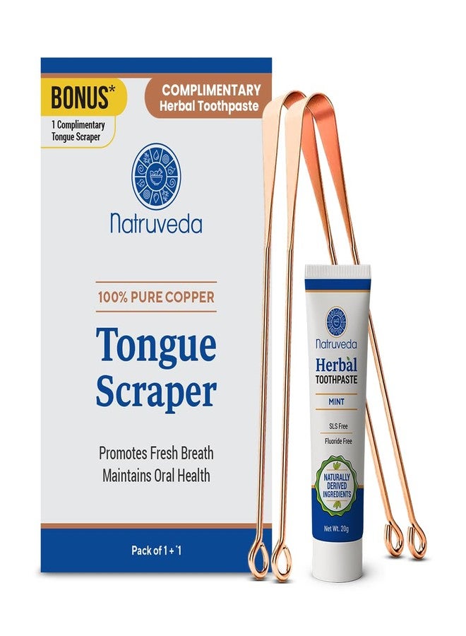 Natruveda Copper Tongue Scraper - 2 Pack Pure Copper Tongue Cleaners for Adults & Kids | Ayurvedic Metal Tongue Cleaner | Includes 20g Herbal Neem Toothpaste | 30-Day Satisfaction Guarantee - Image 1