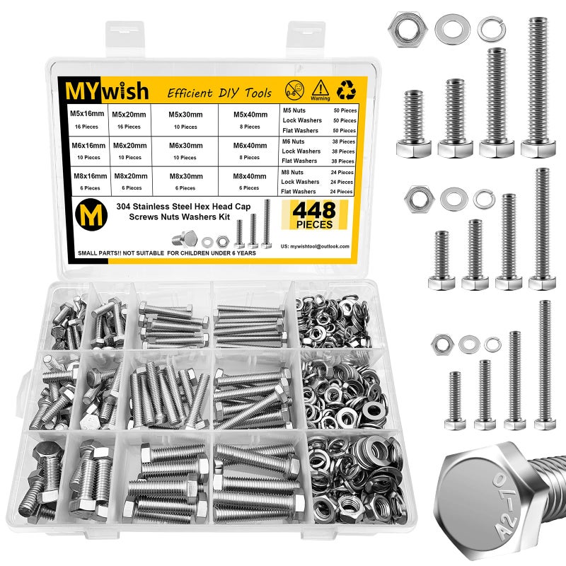 Mywish 448PCS M5 M6 M8 Screw Set, Metric Bolt Assortment, 304 Stainless Steel, Nuts and Bolts Set Flat & Spring Washers, Hex Head Cap Screws Bolts and Nuts Kit, Fully Thread - Image 1