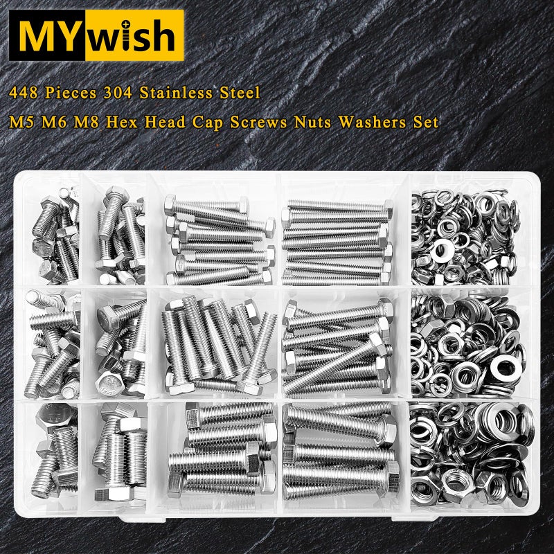 Mywish 448PCS M5 M6 M8 Screw Set, Metric Bolt Assortment, 304 Stainless Steel, Nuts and Bolts Set Flat & Spring Washers, Hex Head Cap Screws Bolts and Nuts Kit, Fully Thread - Image 4
