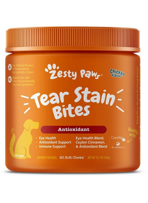 Zesty Paws Tear Stain Support Soft Chews for Dogs - for Eye Moisture + Vision & Immune Support - Functional Supplements with Fish Oil, Lutein, Cranberry & Vitamin C - Chicken Flavor - 90 ct