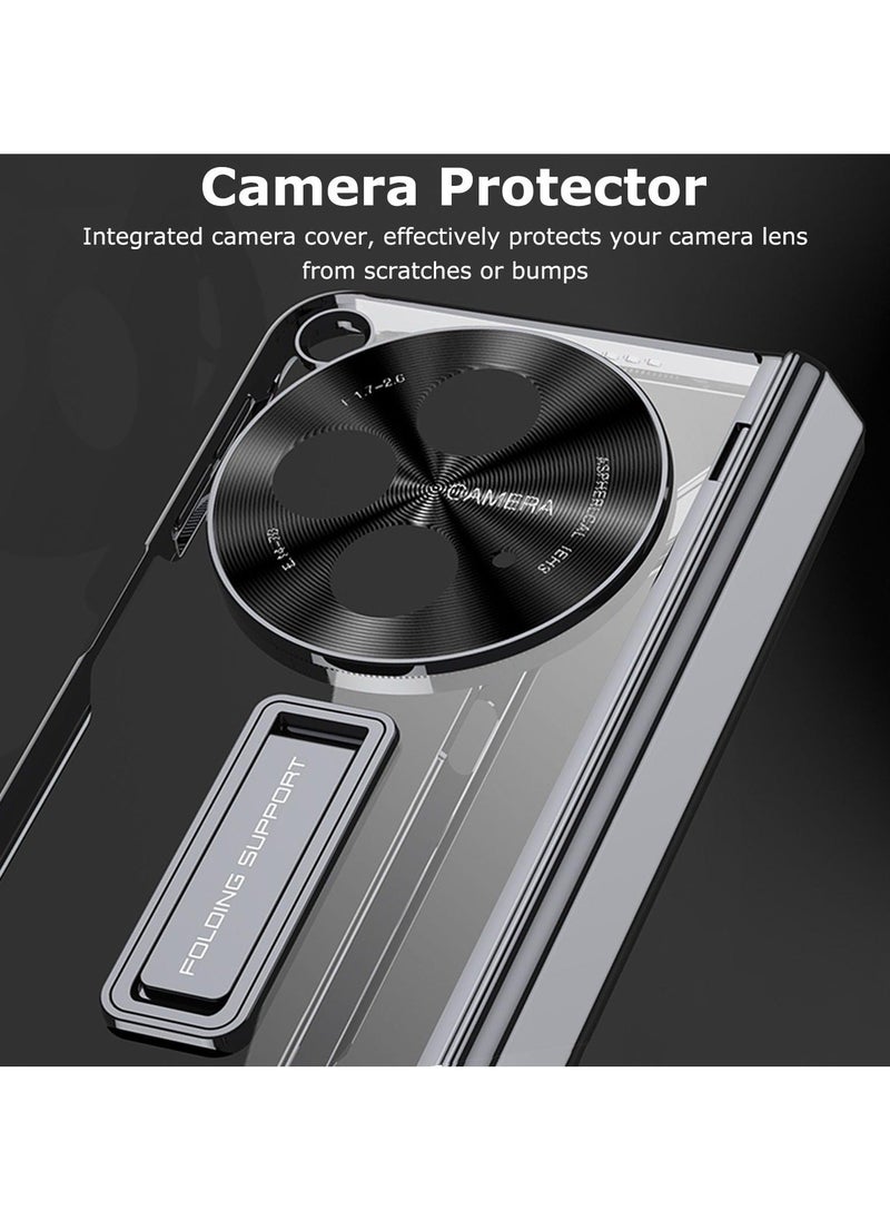 Clear Case for OnePlus Open with Magnetic Hinge Protection, Includes Built-In Screen and Camera Protector, Crystal Clear, Slim Hard PC, Kickstand Feature, Cover for One Plus Open 2023, Black