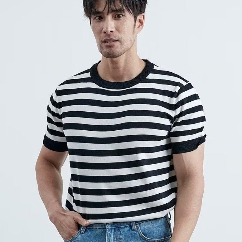 Lightly Mature Casual high quality Ice Silk Short-sleeved Men's Contrast Color Navy Stripe Thin Trendy Simple Round Neck Knitted T-shirt - Image 1