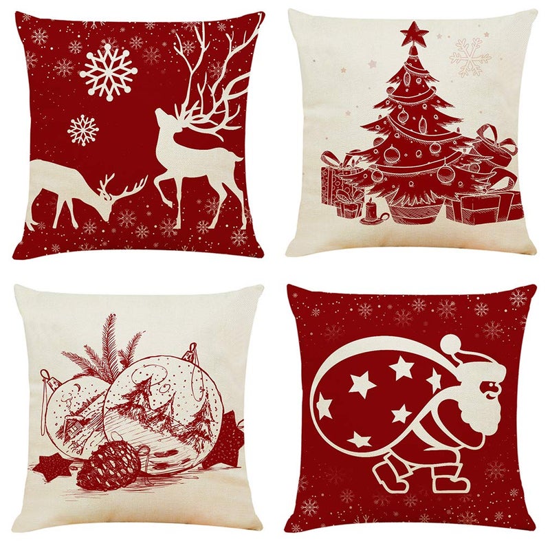 Ogrmar 4PCS 18""x18"" Throw Pillow Covers Christmas Decorative Couch Pillow Cases Cotton Linen Pillow Square Cushion Cover for Sofa  Couch  Bed (Red and Beige) - Image 1