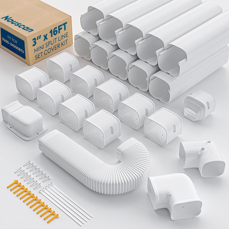 Nouscan 3 16Ft Mini Split Line Set Cover with Flexible Duct Upgrade PP Decorative Minisplit Lineset Cover Kit Paintable for Mini Split Air Conditioner Central AC HVAC and Heat Pumps White
