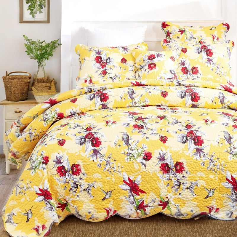 DaDa Bedding Radiant Sunshine Yellow Floral Bedspread Set  Hummingbirds Farmhouse Red Flowers Garden Quilted Coverlet  Scalloped Edges Bright Vibrant MultiColorful  Cal King  3Pieces