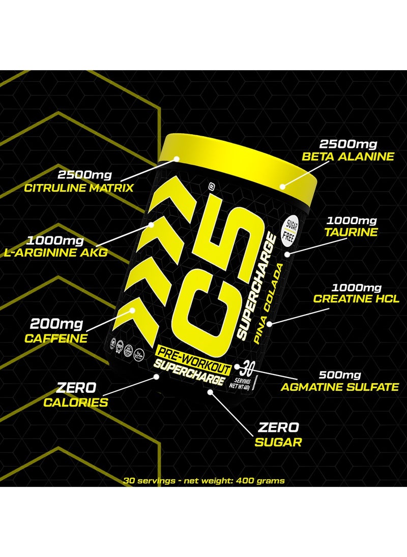 C5 C5 Supercharge Pre Workout Powder Pina Colada - 30 Servings, 200mg High Caffeine - Sugar Free -Zero Calories - Beta Alanine - Citrulline Malate, Creatine HCL High-Performance PreWorkout Booster Supplement  - Image 4