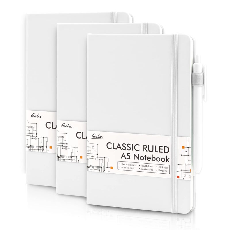 feela 3 Pack Notebooks Journals Bulk, Hardcover Notebook Classic Ruled Lined Journals with Pen Holder for Women Girls School Business Supplies, with 3 Black Pens, 120 GSM, 5.1â€x8.3â€, A5, White - Image 1