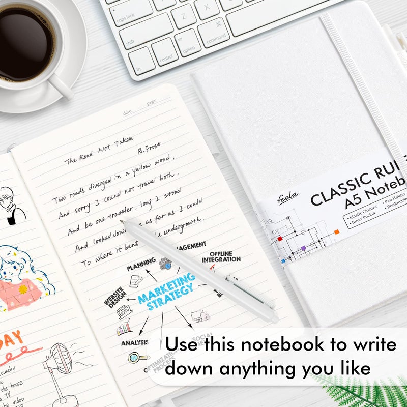 feela 3 Pack Notebooks Journals Bulk, Hardcover Notebook Classic Ruled Lined Journals with Pen Holder for Women Girls School Business Supplies, with 3 Black Pens, 120 GSM, 5.1â€x8.3â€, A5, White - Image 4