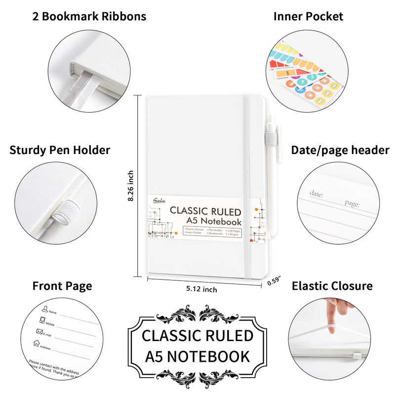 feela 3 Pack Notebooks Journals Bulk, Hardcover Notebook Classic Ruled Lined Journals with Pen Holder for Women Girls School Business Supplies, with 3 Black Pens, 120 GSM, 5.1â€x8.3â€, A5, White - Image 2