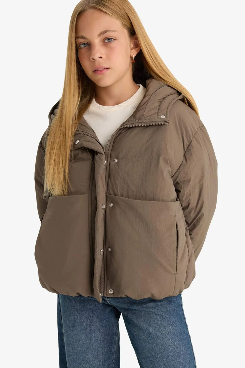 ديفاكتو Girl Hooded Waterproof Zippered Puffer Jacket