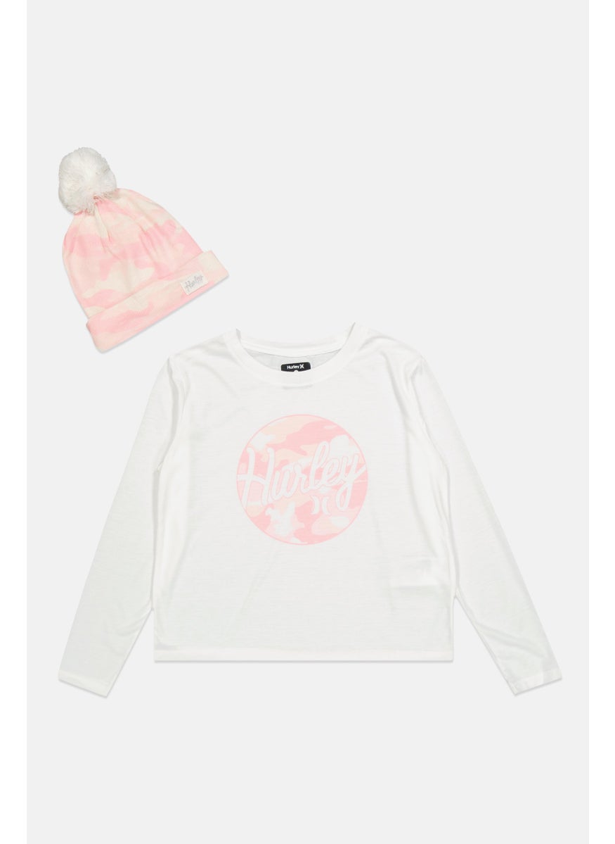 Hurley Kids Girl 2 Piece Graphic Printed  Top With Beanie, White  - Image 1