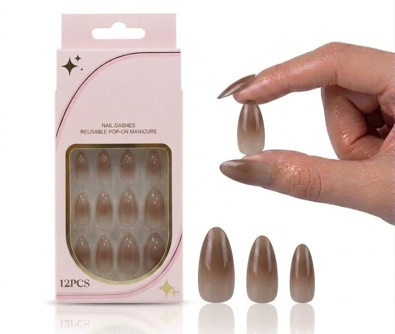 12pcs Gel Press On OVAL Nail Shiny False Nails Full Cover Artificial Fake Nail Art Tips- Comes With 1 SHEET DOUBLE FACE (N7) - Image 1