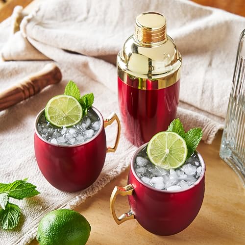 Twine Red Moscow Mule Mug and Cocktail Shaker Gift Set, Holiday Barware Gifts, Cobbler Shaker, Mule Mugs, Red, Gold, Stainless Steel - Image 4