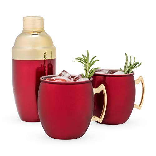 Twine Red Moscow Mule Mug and Cocktail Shaker Gift Set, Holiday Barware Gifts, Cobbler Shaker, Mule Mugs, Red, Gold, Stainless Steel - Image 1