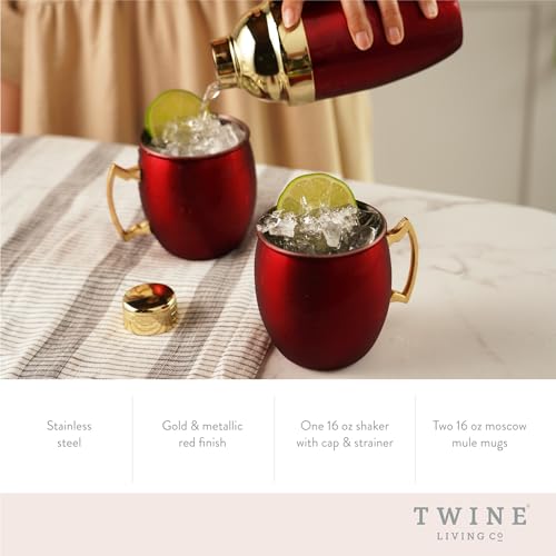 Twine Red Moscow Mule Mug and Cocktail Shaker Gift Set, Holiday Barware Gifts, Cobbler Shaker, Mule Mugs, Red, Gold, Stainless Steel - Image 2