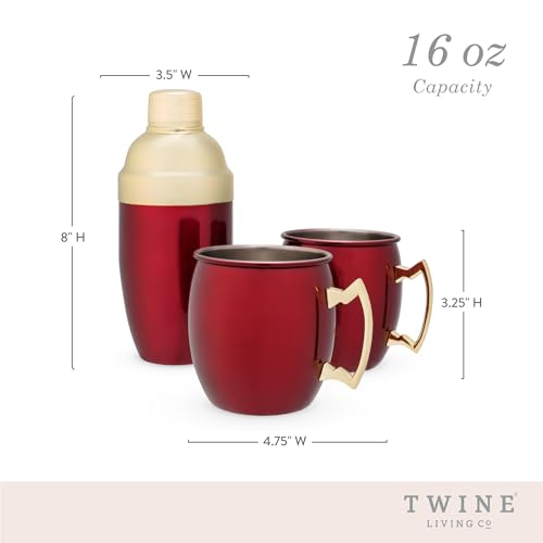 Twine Red Moscow Mule Mug and Cocktail Shaker Gift Set, Holiday Barware Gifts, Cobbler Shaker, Mule Mugs, Red, Gold, Stainless Steel - Image 3