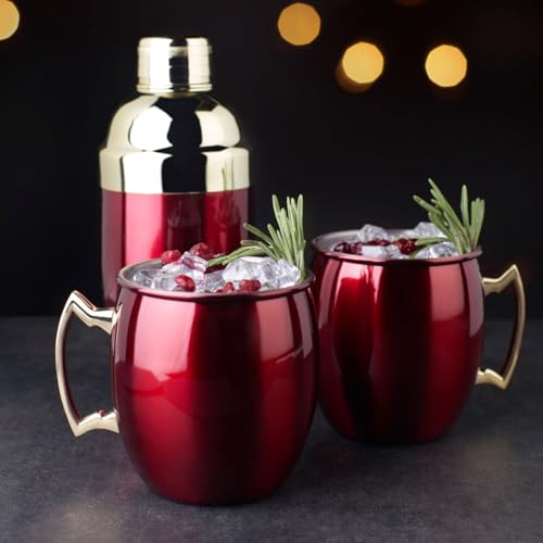 Twine Red Moscow Mule Mug and Cocktail Shaker Gift Set, Holiday Barware Gifts, Cobbler Shaker, Mule Mugs, Red, Gold, Stainless Steel - Image 5