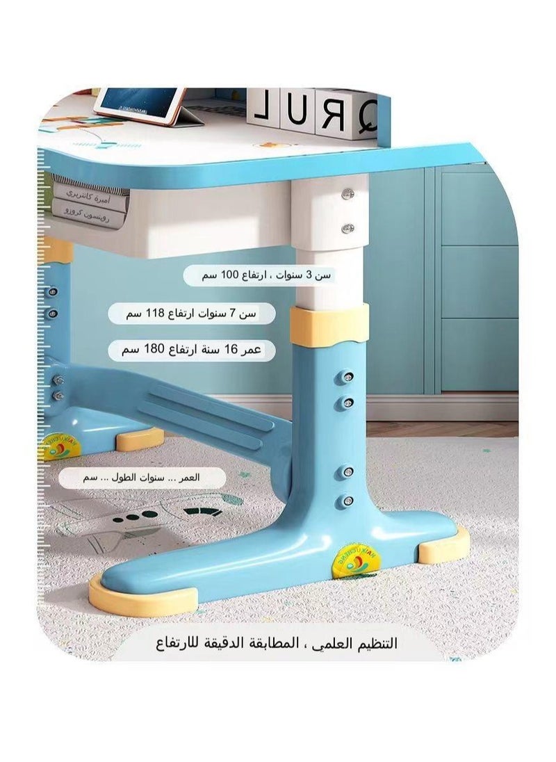 طقم مكتب دراسة وكرسي مريح للأطفال قابل لتعديل الارتفاع، باللون الأزرق