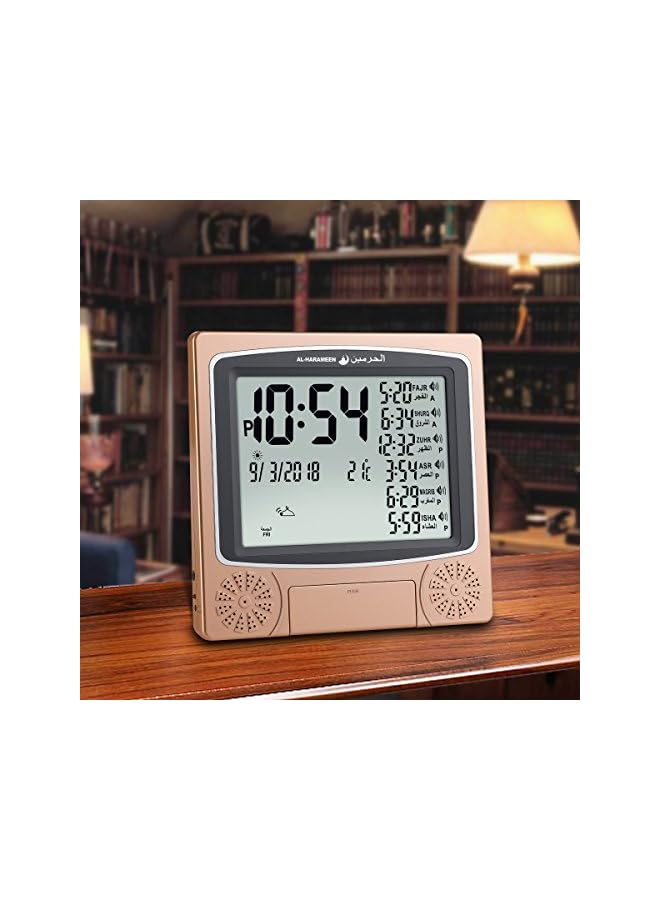 AL-HARAMEEN ساعة أذان، ساعة طاولة لأوقات الصلاة، منبه رقمي للمسلمين، شاشة LCD HA-4010 (ذهبي) - Image 2