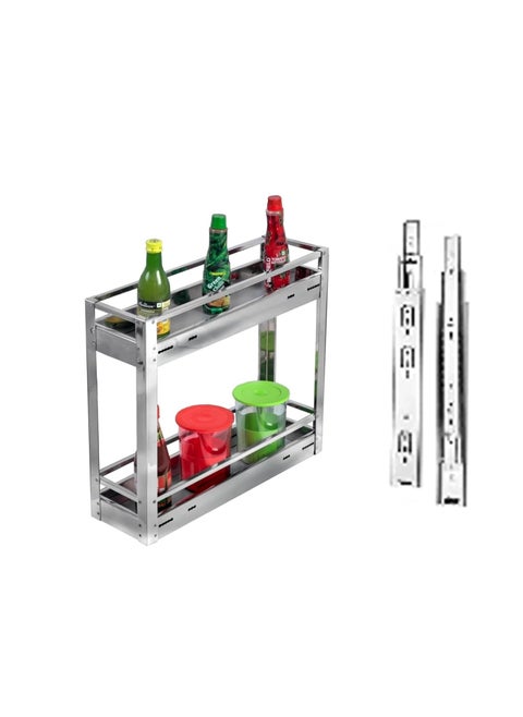 Modular Kitchen Stainless Steel 2 Shelves Bottle Multipurpose Pullout Basket (WITH 1 SET CHANNEL) (6 W X 20 L X 17 H ONE SET PERFORATED CHANNEL)