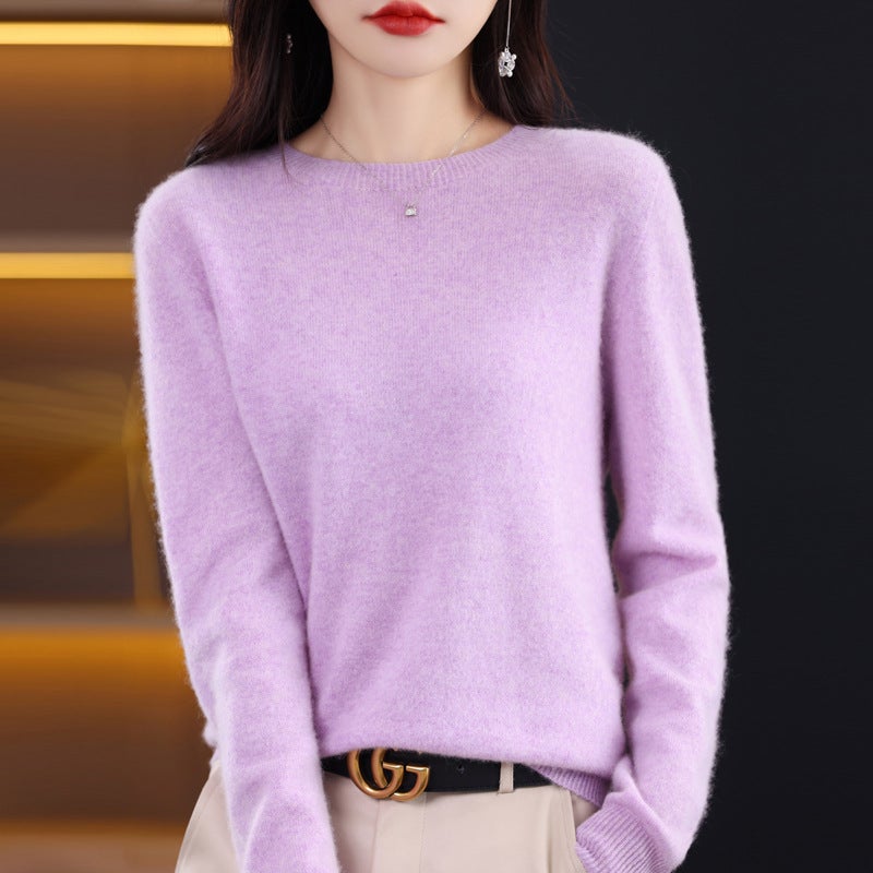 Woolen sweater womens solid color round neck 23 new long sleeve seamless knitted first-line garment wool sweater undershirt Purple with flower clip