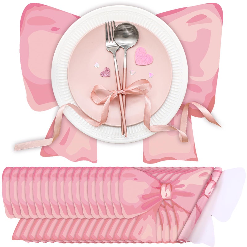 Tinlade 50 Pack Disposable Bow Placemats Coquette Bow Table Mats Slice 13.8 Inches Decorative Paper Placemats for Birthday Bridal Wedding Party Table Setting (Pink) - Image 1