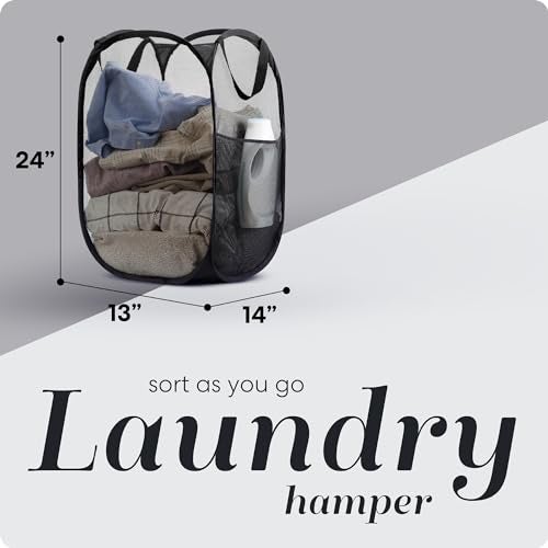Handy Laundry سلة غسيل قابلة للطي من شبكة مريحة مع فتحة واسعة وجيب جانبي - تصميم قابل للتنفس، متين، قابل للطي، ويوفر المساحة للملابس والتخزين (أسود | عبوة من 2) - Image 2