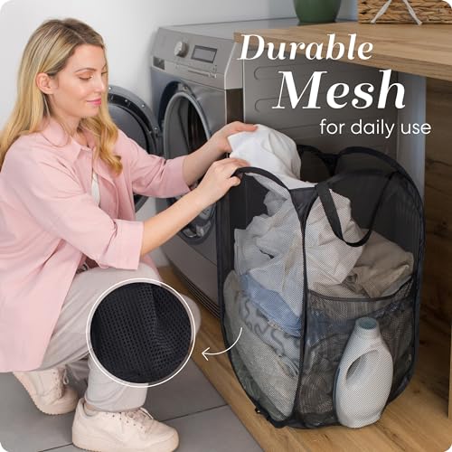 Handy Laundry سلة غسيل قابلة للطي من شبكة مريحة مع فتحة واسعة وجيب جانبي - تصميم قابل للتنفس، متين، قابل للطي، ويوفر المساحة للملابس والتخزين (أسود | عبوة من 2) - Image 5