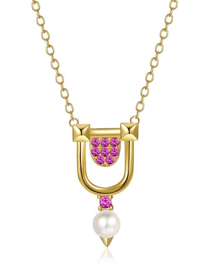 Moonmory 18K Gold Plated 925 Silver Mosque Door Frame Inspired Pearl Pendant Necklace  For Women with Pink Zircon, Best Gift for Ramadan, Valentine’s Day, Mother’s Day - Image 1