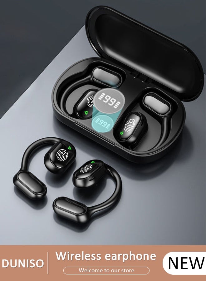 DUNISO سماعات أذن لاسلكية بلوتوث رياضية مع شاشة LED، وسادات فوق الأذن مع خطافات للأذن وميكروفون مدمج للتمرين باللون الأسود - Image 1