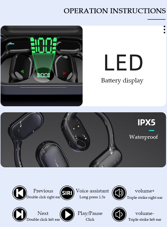 DUNISO سماعات أذن لاسلكية بلوتوث رياضية مع شاشة LED، وسادات فوق الأذن مع خطافات للأذن وميكروفون مدمج للتمرين باللون الأسود - Image 2