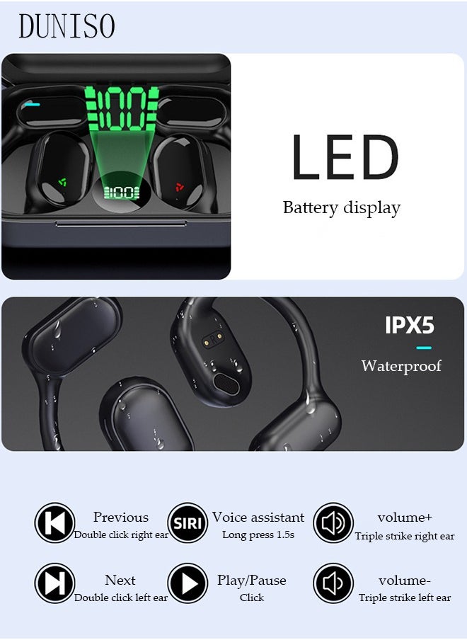 DUNISO - Wireless Earbuds Bluetooth Headphones Sport Earphones with LED Display Over-Ear Buds with Earhooks Built-in Mic Headset for Workout Black - Image 1