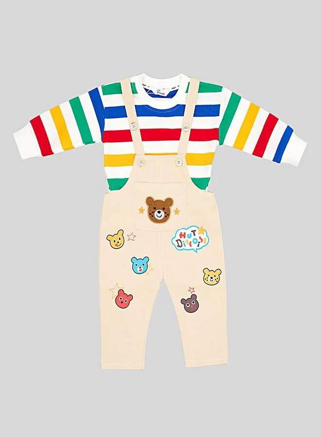 babyqlo Rainbow Stripe Top With Cream Dungaree Set