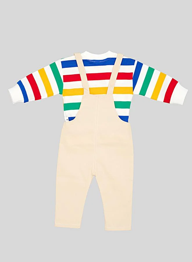 babyqlo Rainbow Stripe Top With Cream Dungaree Set