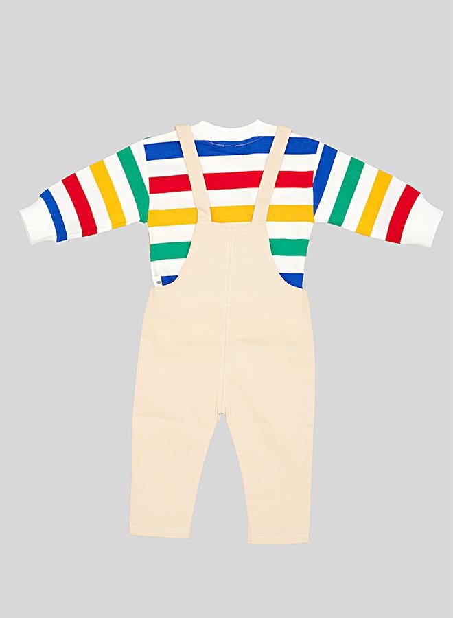 babyqlo Rainbow Stripe Top With Cream Dungaree Set - Image 4
