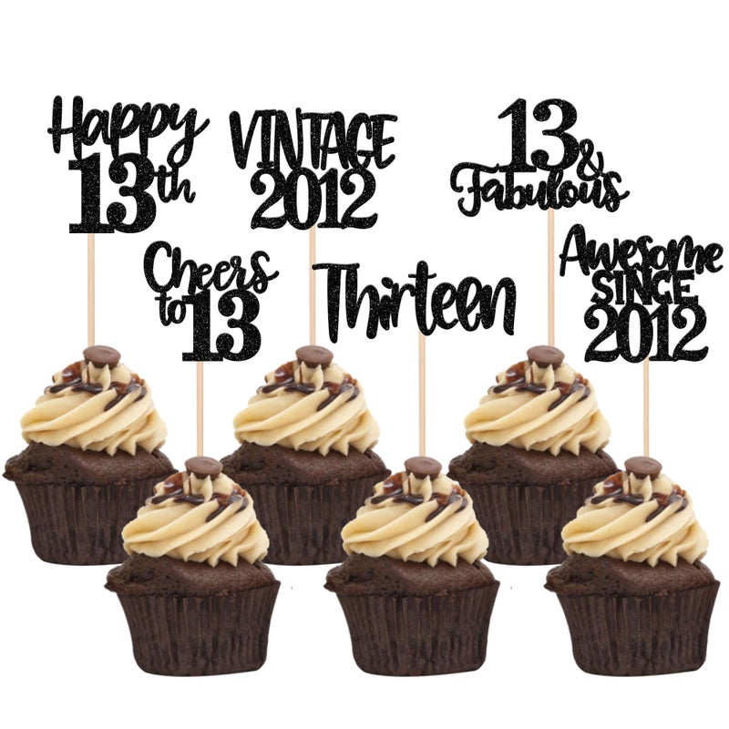 RSSTARXI 24 Pack Vintage 2012 Cupcake Toppers Black Glitter Happy 13th Heaits Heaits to 13 13 13 اختيار كب كيك لعيد الميلاد الثالث عشر زواج الذكرى السنوية - Image 1