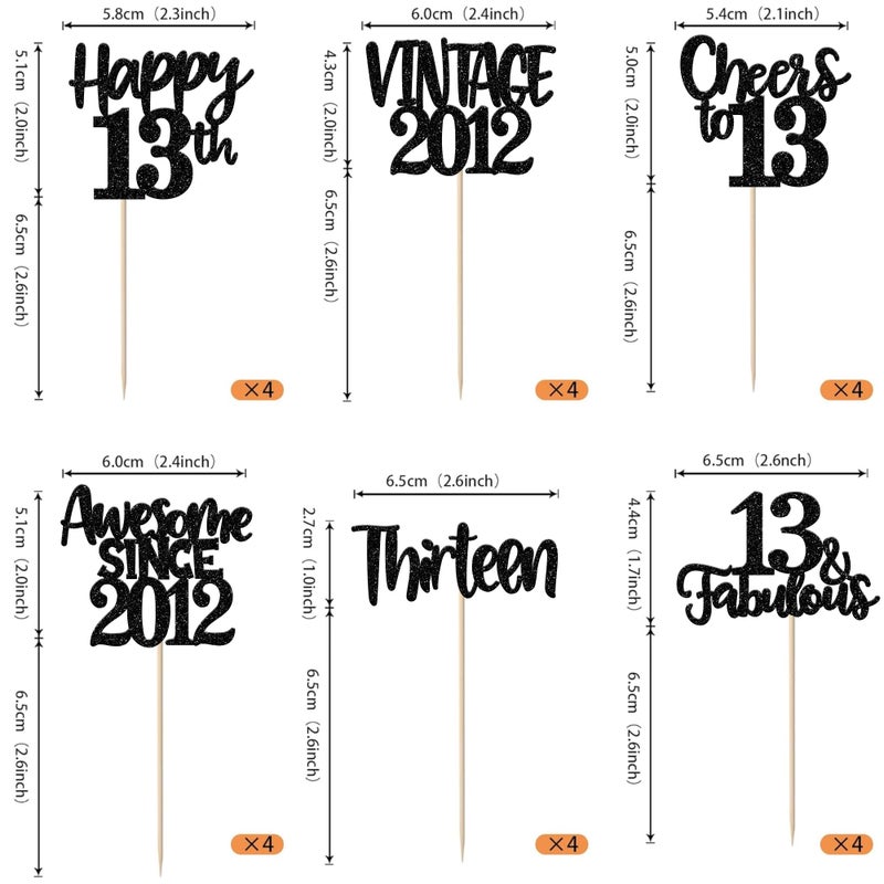 RSSTARXI 24 Pack Vintage 2012 Cupcake Toppers Black Glitter Happy 13th Heaits Heaits to 13 13 13 اختيار كب كيك لعيد الميلاد الثالث عشر زواج الذكرى السنوية - Image 2