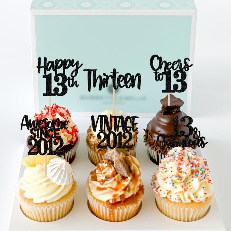 RSSTARXI 24 Pack Vintage 2012 Cupcake Toppers Black Glitter Happy 13th Heaits Heaits to 13 13 13 اختيار كب كيك لعيد الميلاد الثالث عشر زواج الذكرى السنوية - Image 5