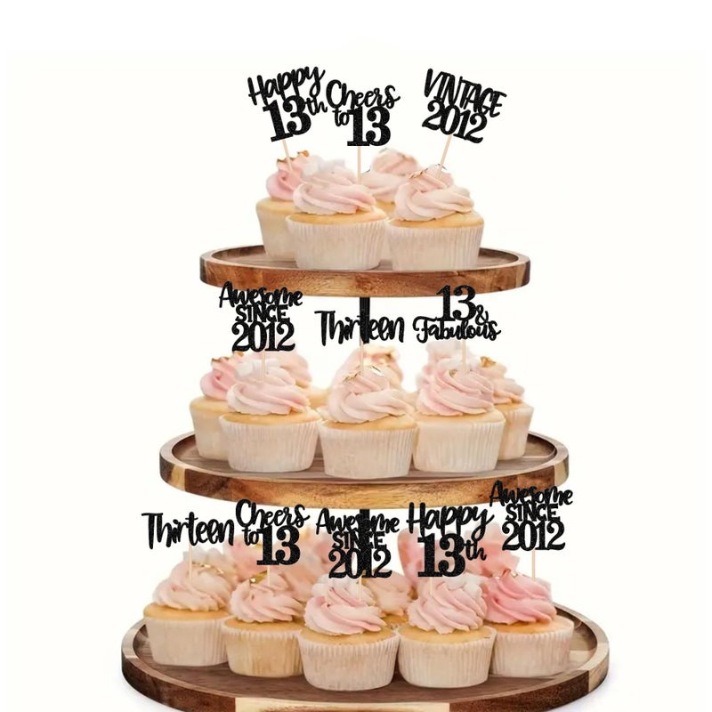 RSSTARXI 24 Pack Vintage 2012 Cupcake Toppers Black Glitter Happy 13th Heaits Heaits to 13 13 13 اختيار كب كيك لعيد الميلاد الثالث عشر زواج الذكرى السنوية - Image 4