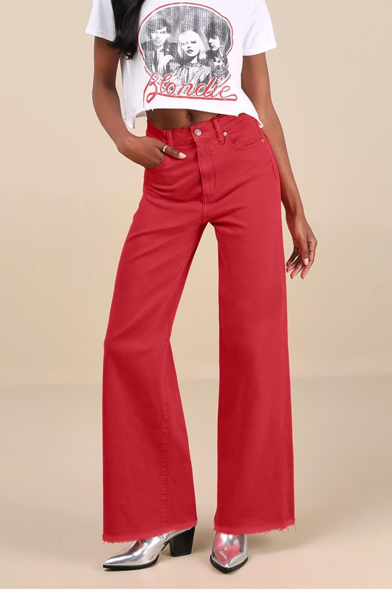 Allimy Straight Leg Jeans for Women High Waisted High Rise Baggy Flare Boot Cut Bell Bottom Stretch Raw Hem Mom Tall Womens Jeans Wide Leg Denim Pants Red US 12 - Image 3